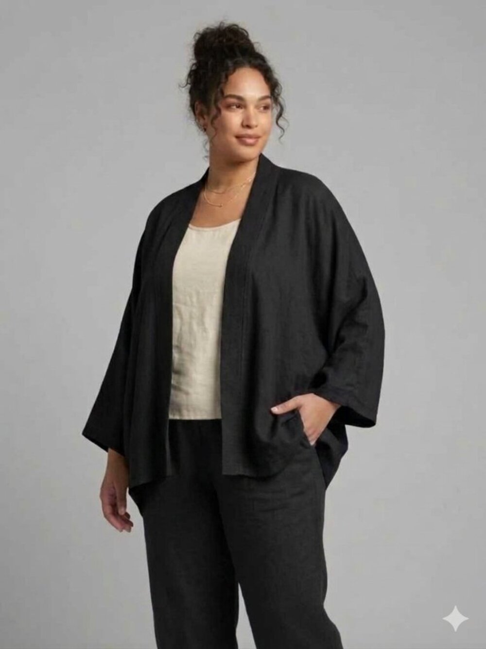 Lafayette 148 Open Front 100% Linen Kimono Jacket Size XL Black Worn Once